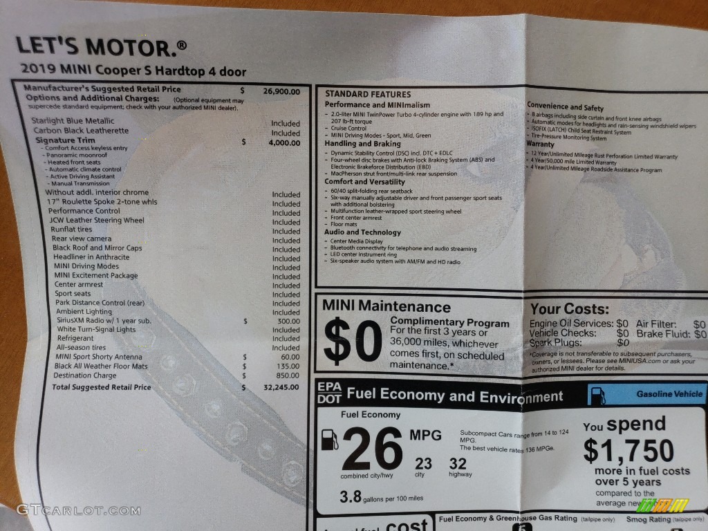 2019 Mini Hardtop Cooper S 4 Door Window Sticker Photo #127550994