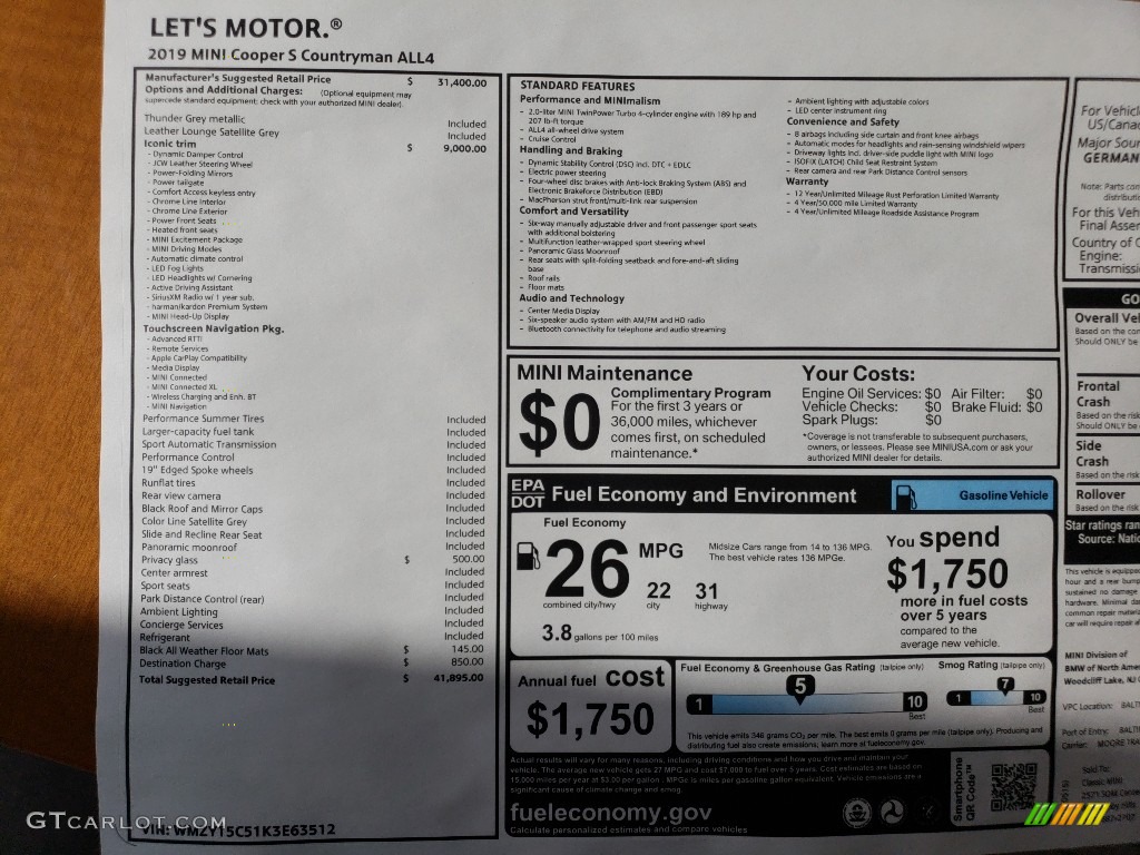 2019 Mini Countryman Cooper S All4 Window Sticker Photo #127551549