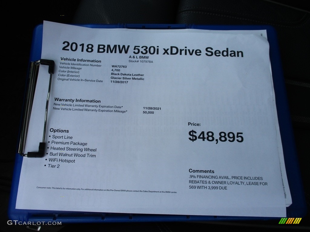 2018 5 Series 530i xDrive Sedan - Glacier Silver Metallic / Black photo #12