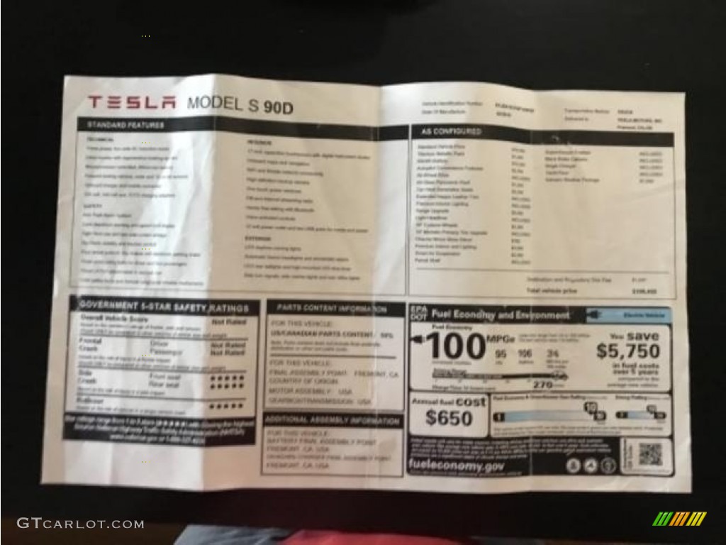 2016 Tesla Model S 90D Window Sticker Photo #127604070