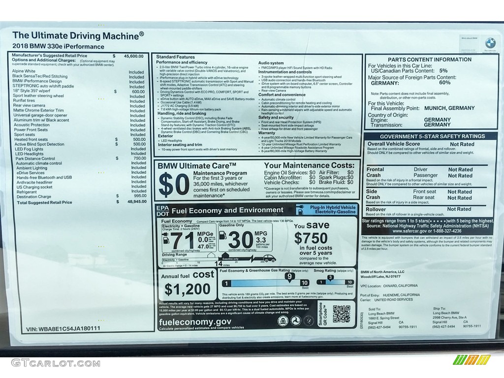 2018 3 Series 330e iPerformance Sedan - Alpine White / Black photo #10