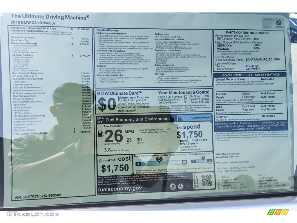 2019 BMW X3 sDrive30i Window Sticker Photo #127643741