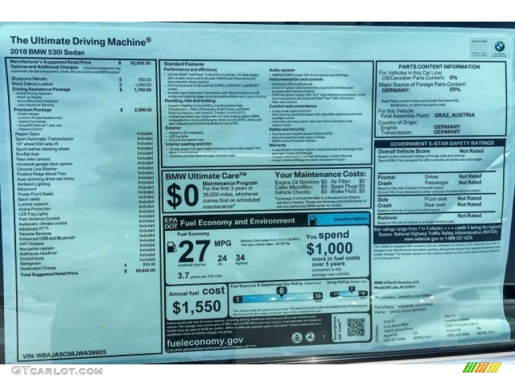 2018 5 Series 530i Sedan - Bluestone Metallic / Black photo #10