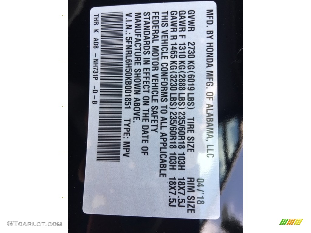 2019 Odyssey Color Code NH731P for Crystal Black Pearl Photo #127675746