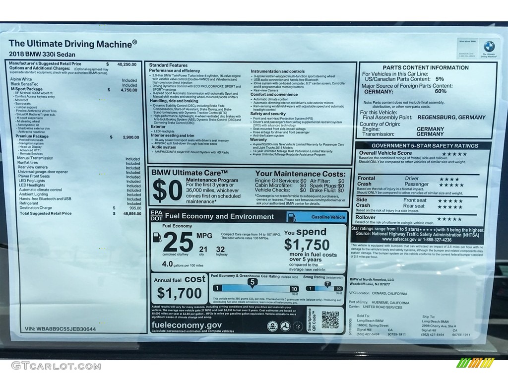 2018 3 Series 330i Sedan - Alpine White / Black photo #10