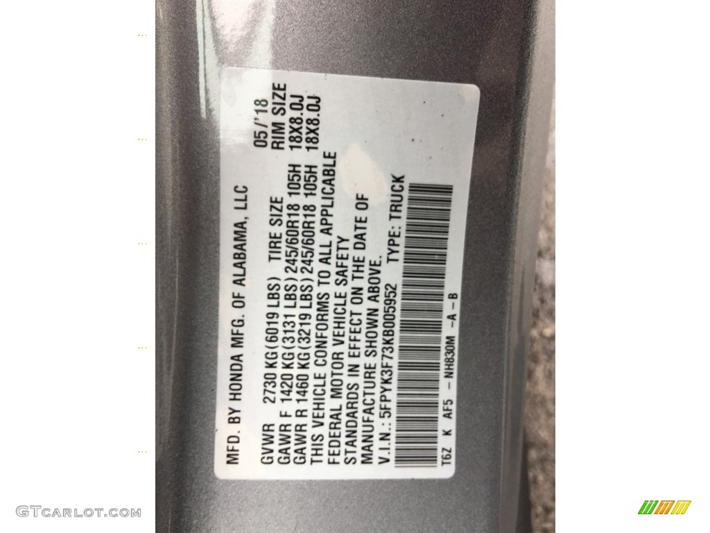 2019 Ridgeline Color Code NH830M for Lunar Silver Metallic Photo #127691226