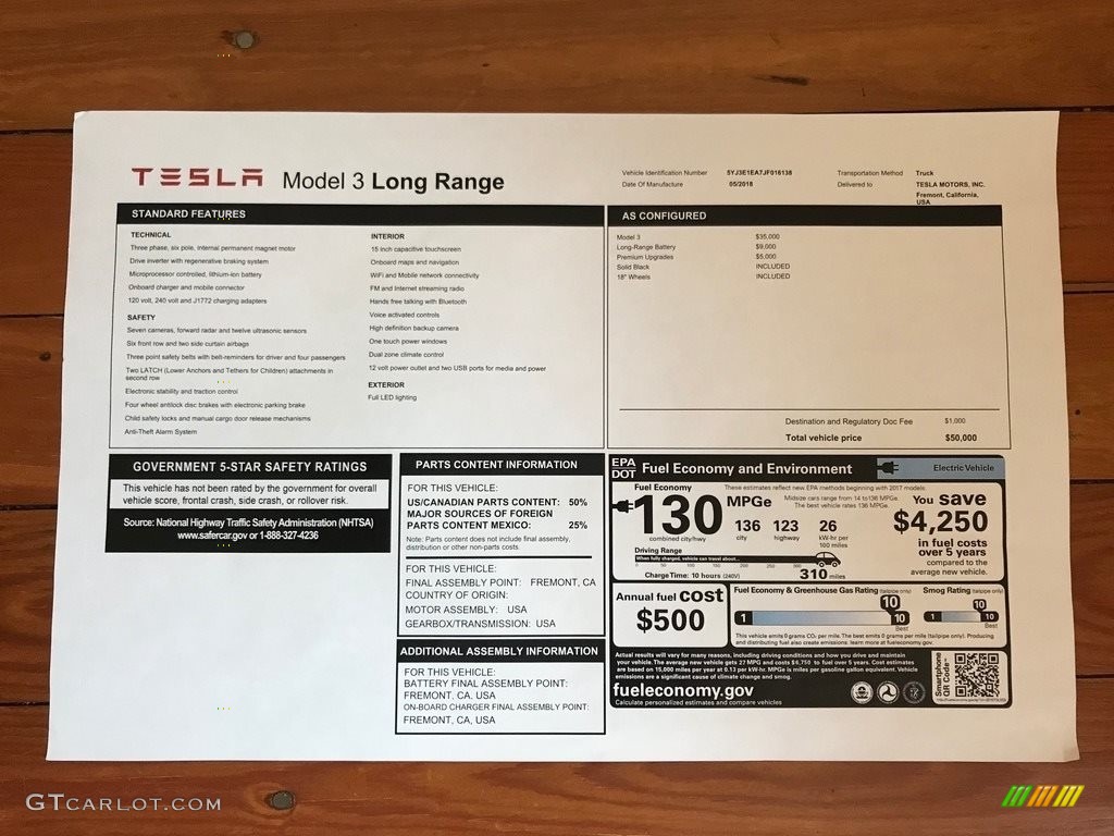 2018 Tesla Model 3 Long Range Window Sticker Photo #127726084