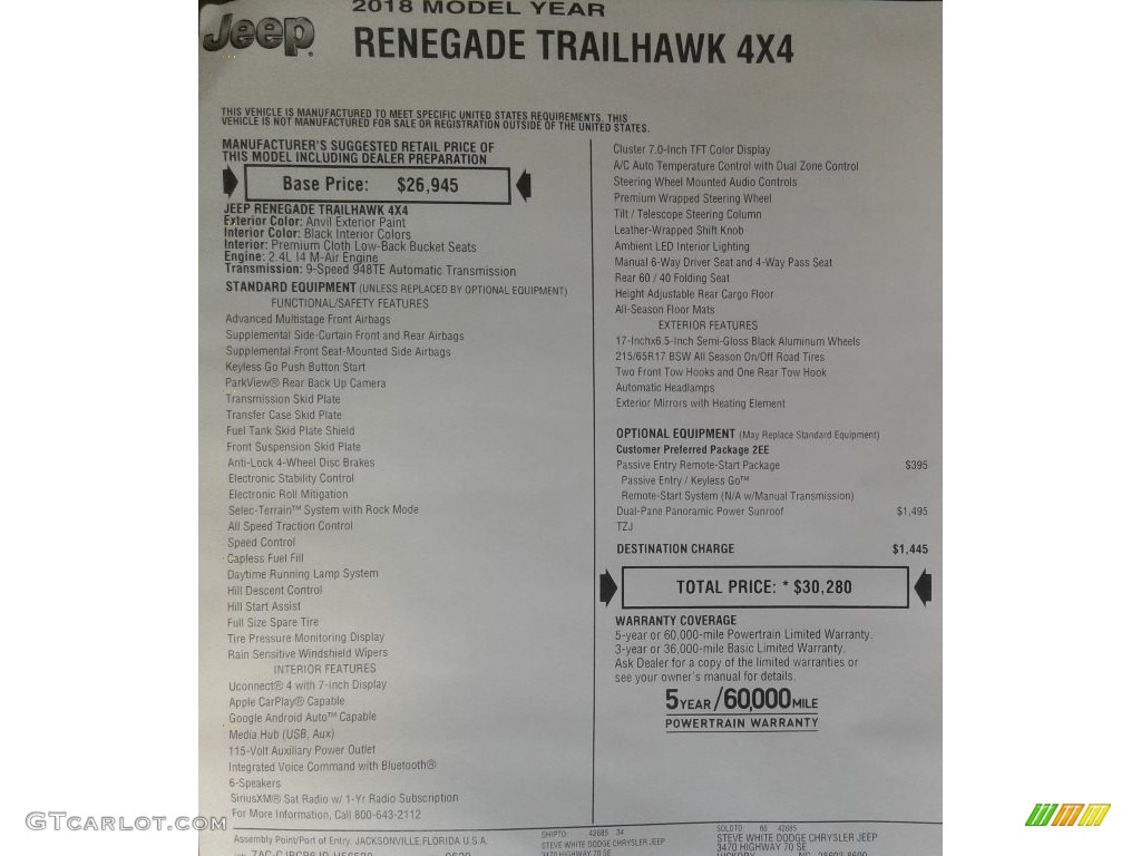 2018 Renegade Trailhawk 4x4 - Anvil / Black photo #31