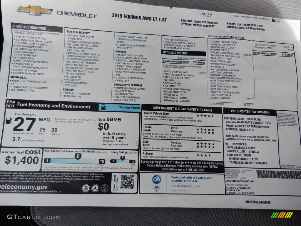 2019 Chevrolet Equinox LT AWD Window Sticker Photo #127808873