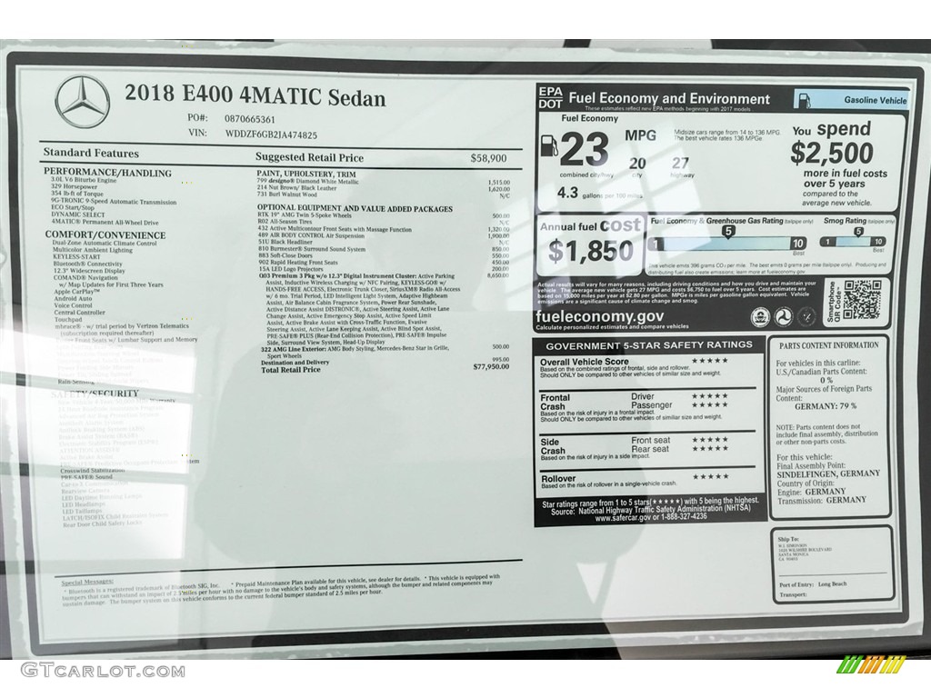2018 Mercedes-Benz E 400 4Matic Sedan Window Sticker Photo #127876866