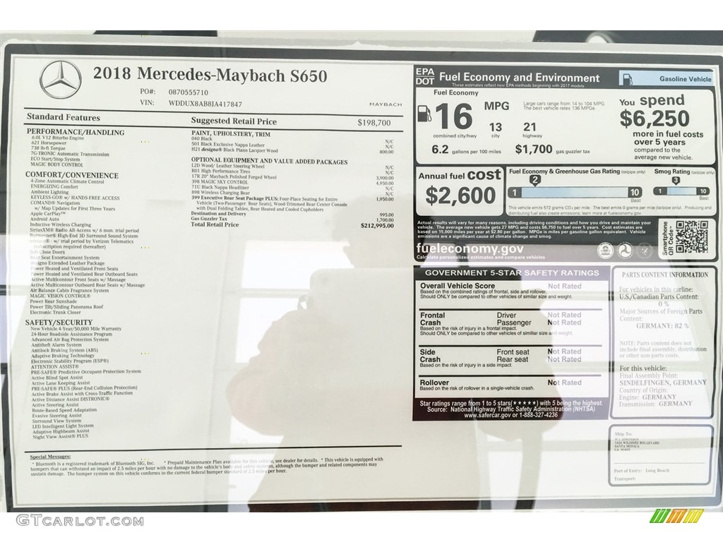 2018 Mercedes-Benz S Maybach S 650 Window Sticker Photos