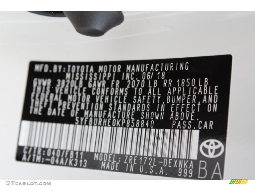 2019 Corolla Color Code 040 for Super White Photo #127897659