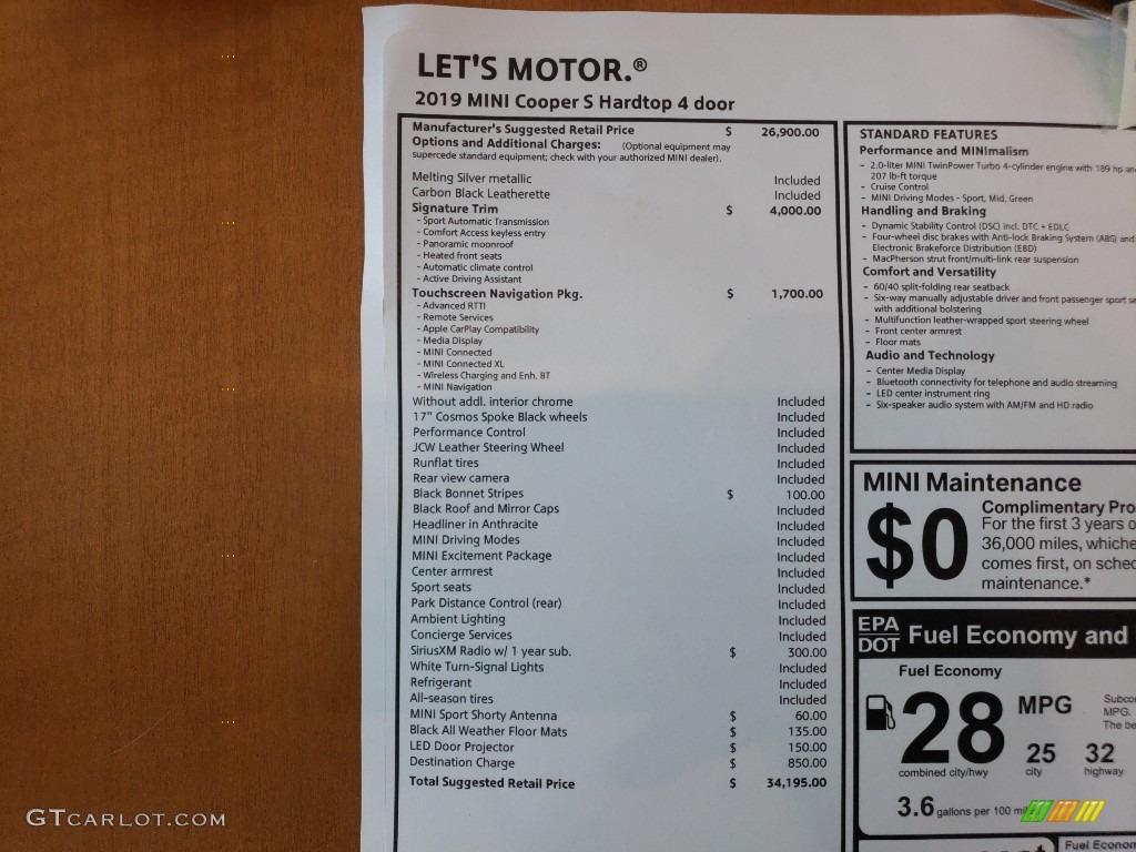 2019 Mini Hardtop Cooper S 4 Door Window Sticker Photo #127910590