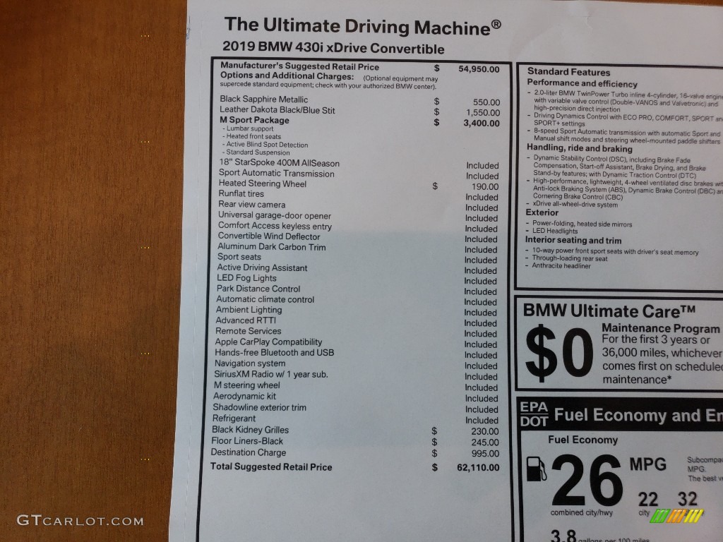 2019 BMW 4 Series 430i xDrive Convertible Window Sticker Photo #127913668