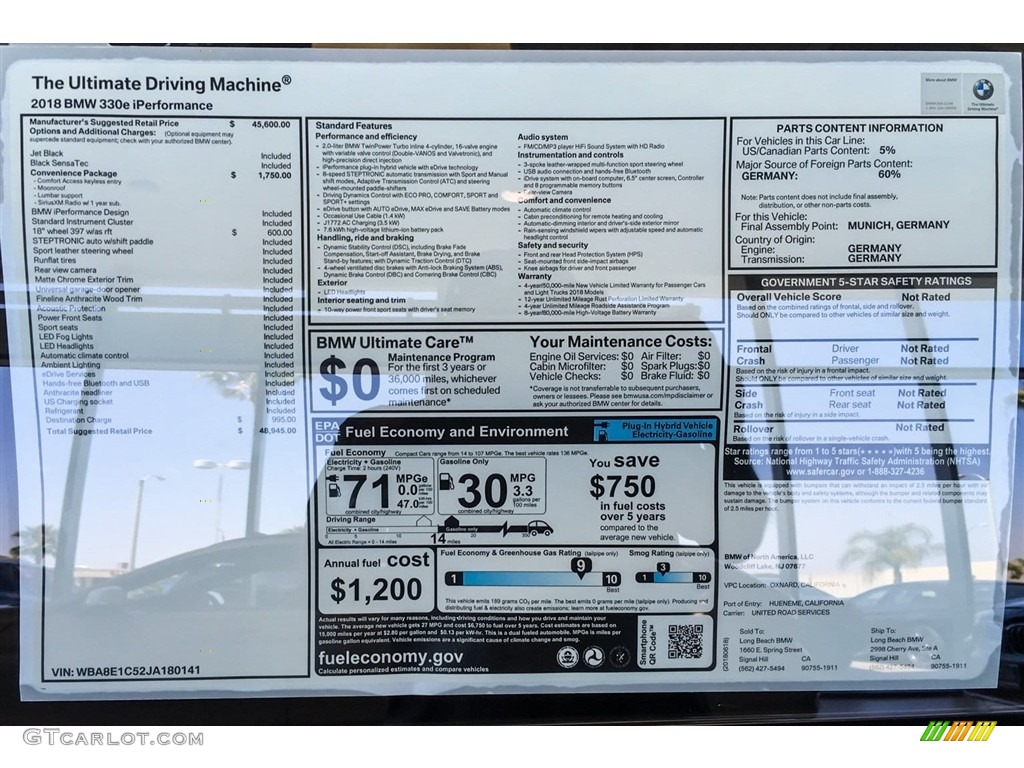 2018 BMW 3 Series 330e iPerformance Sedan Window Sticker Photo #127997753