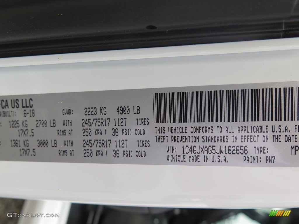 2018 Wrangler Color Code PW7 for Bright White Photo #128004286