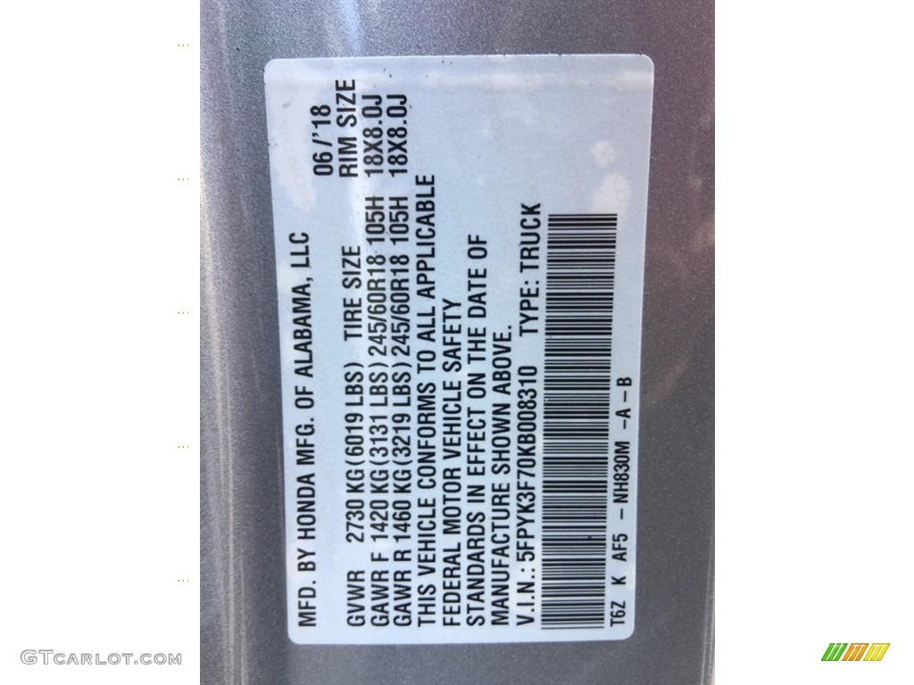 2019 Ridgeline Color Code NH830M for Lunar Silver Metallic Photo #128016577