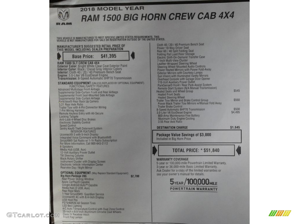 2018 1500 Big Horn Crew Cab 4x4 - Bright White / Black/Diesel Gray photo #35