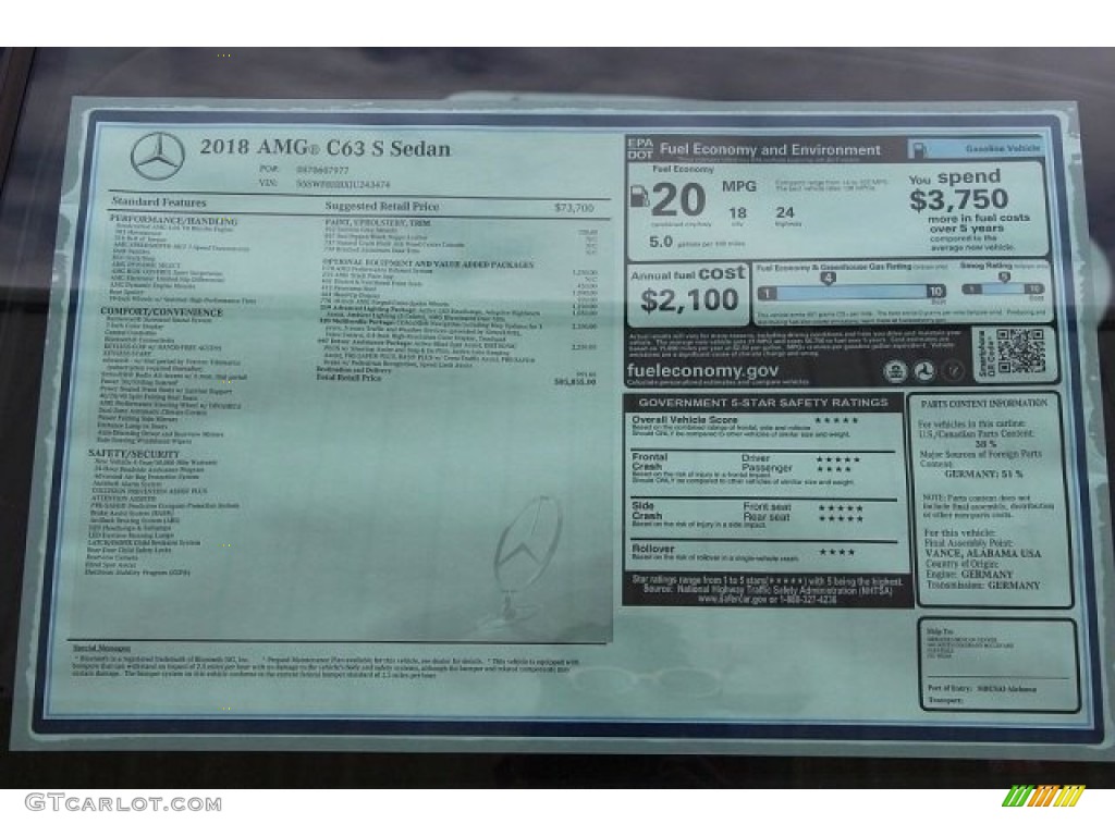 2018 Mercedes-Benz C 63 S AMG Sedan Window Sticker Photos