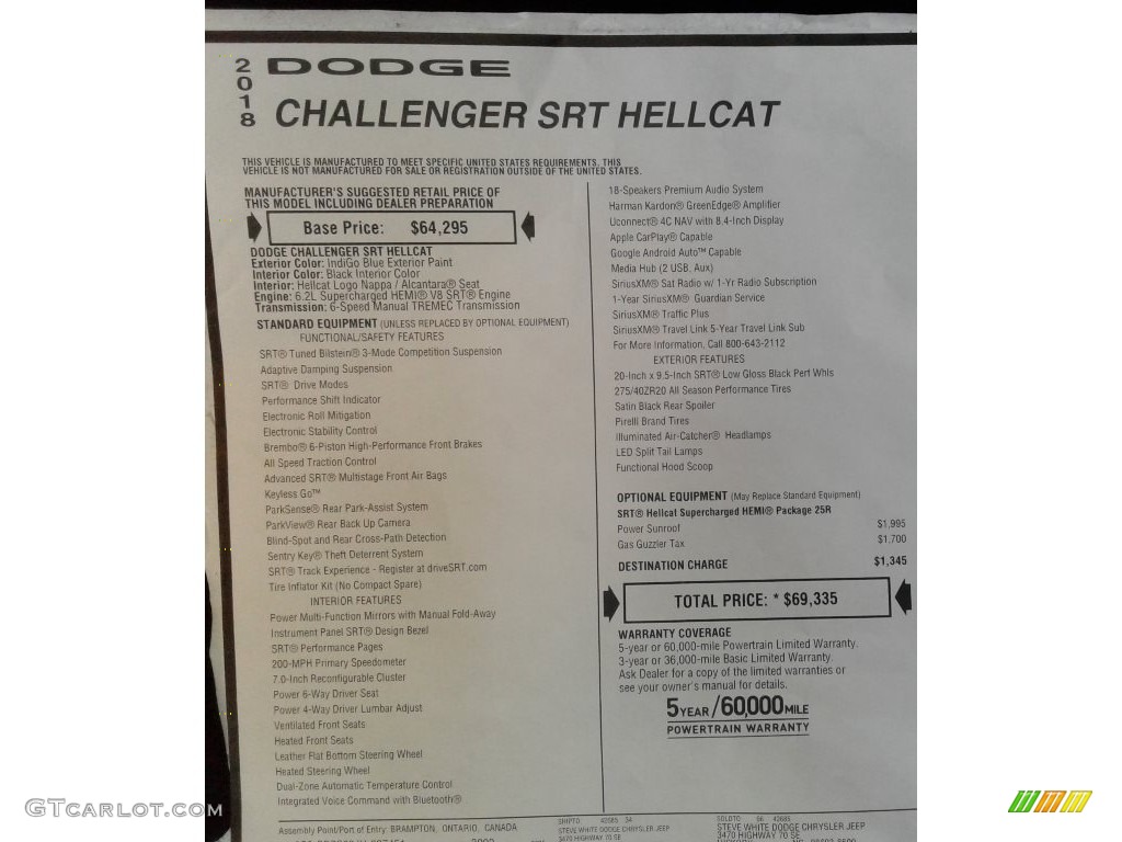 2018 Dodge Challenger SRT Hellcat Window Sticker Photo #128100569