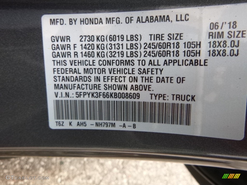 2019 Ridgeline Color Code NH797M for Modern Steel Metallic Photo #128103455