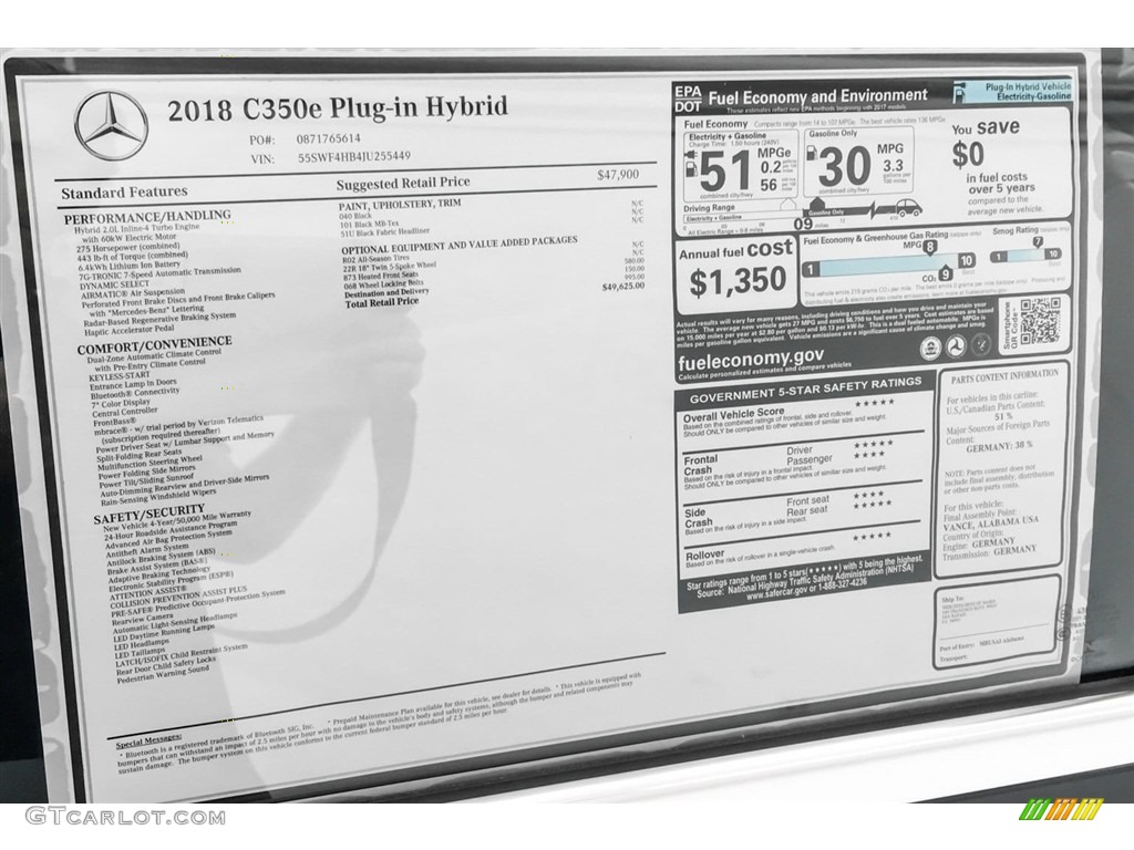2018 Mercedes-Benz C 350e Plug-in Hybrid Sedan Window Sticker Photos