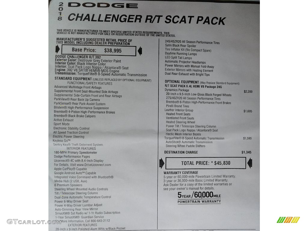 2018 Challenger R/T Scat Pack - Destroyer Gray / Black photo #32