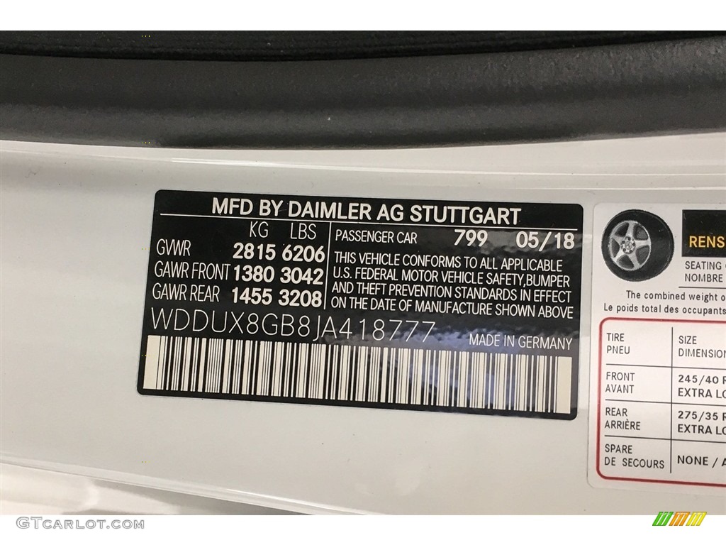 2018 S Color Code 799 for designo Diamond White Metallic Photo #128139142
