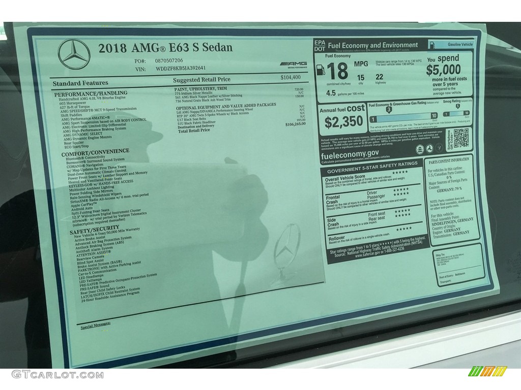 2018 Mercedes-Benz E AMG 63 S 4Matic Window Sticker Photo #128139709