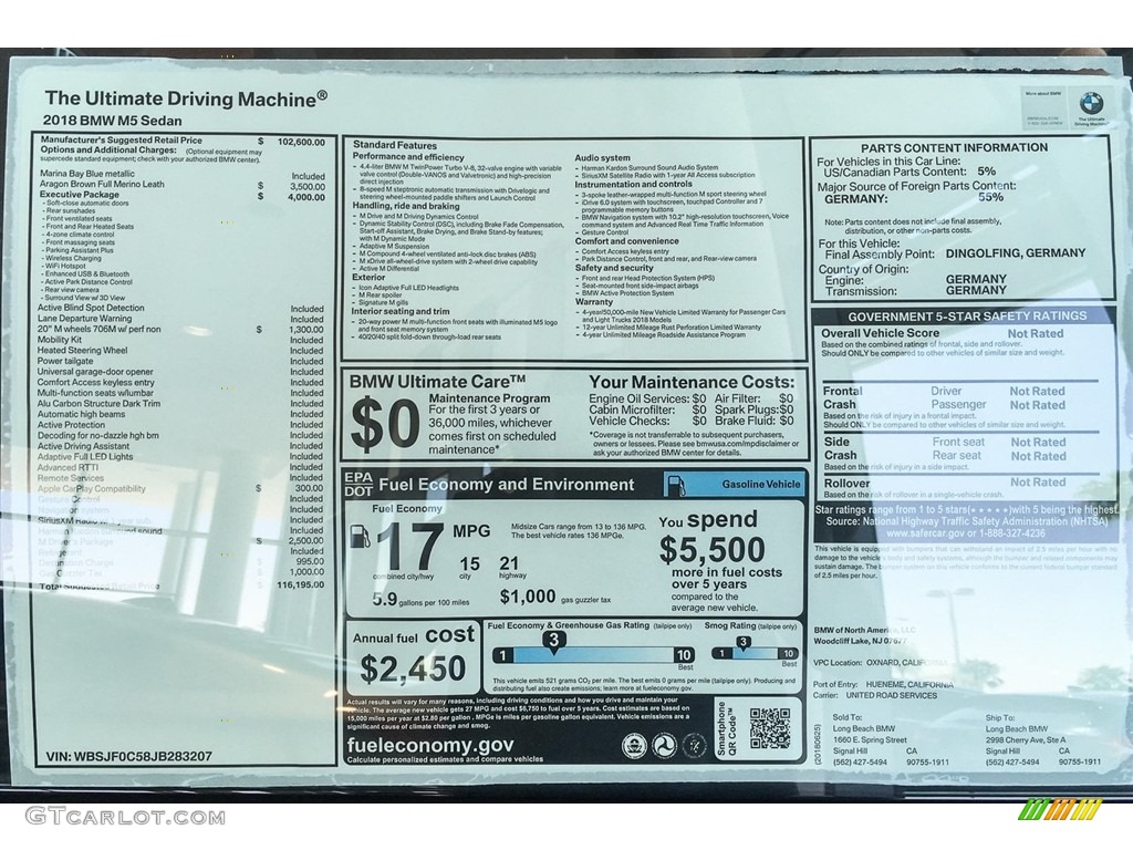 2018 BMW M5 Sedan Window Sticker Photo #128142133