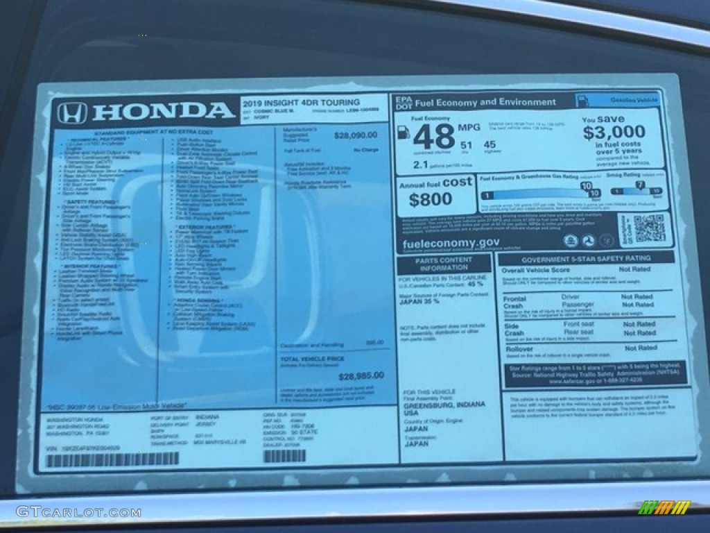 2019 Honda Insight Touring Window Sticker Photos