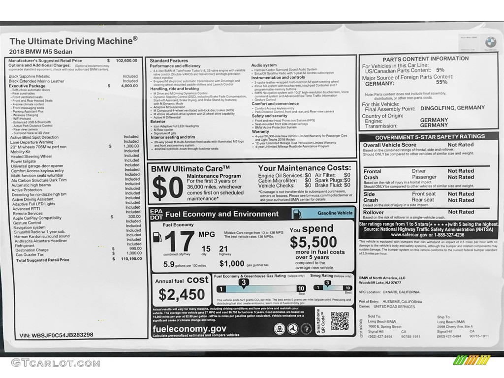 2018 BMW M5 Sedan Window Sticker Photo #128223779