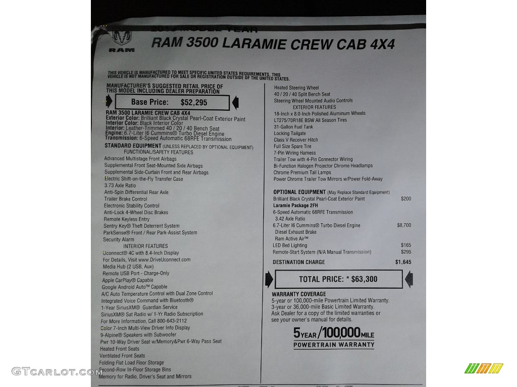 2018 Ram 3500 Laramie Crew Cab 4x4 Window Sticker Photo #128230925