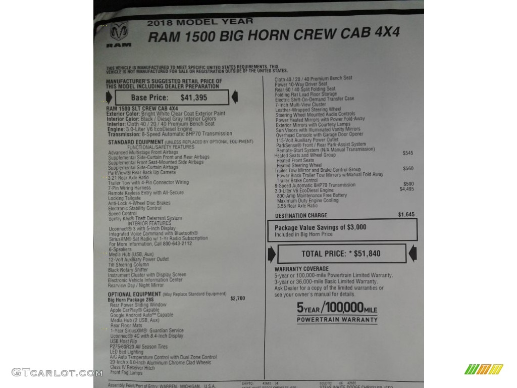2018 1500 Big Horn Crew Cab 4x4 - Bright White / Black/Diesel Gray photo #35