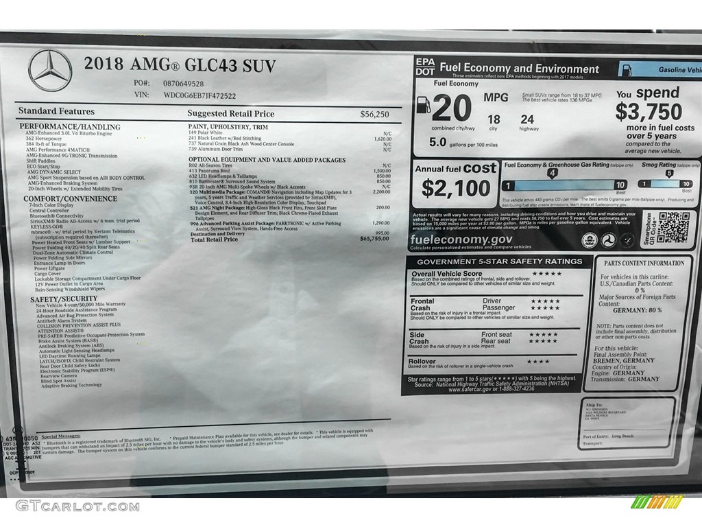 2018 Mercedes-Benz GLC AMG 43 4Matic Window Sticker Photo #128260643
