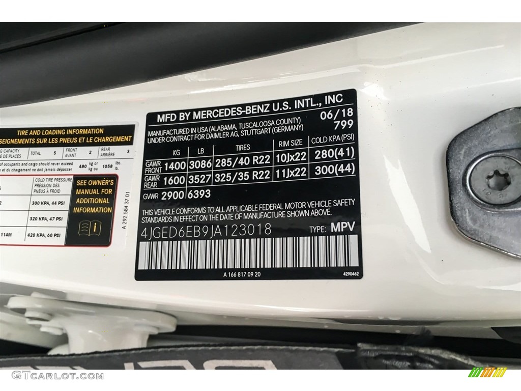 2018 GLE Color Code 799 for designo Diamond White Metallic Photo #128263025