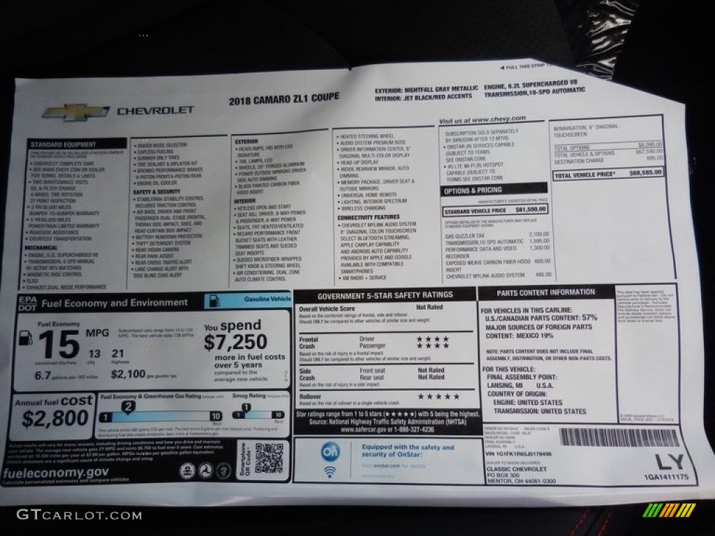 2018 Chevrolet Camaro ZL1 Coupe Window Sticker Photo #128273462
