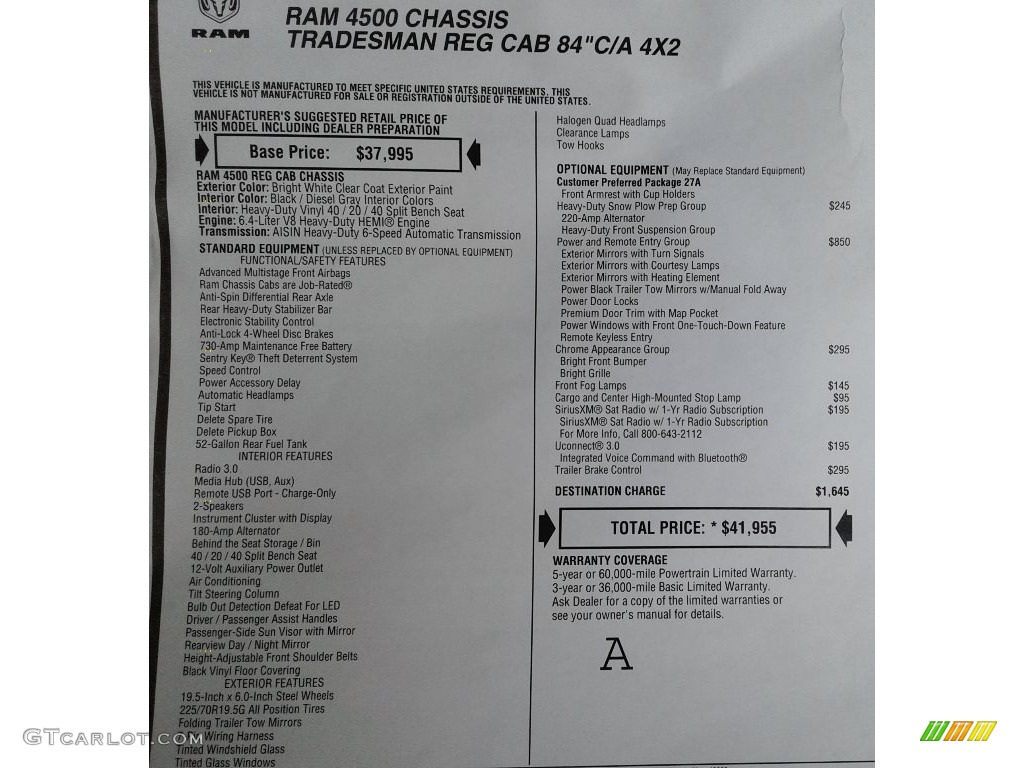 2018 Ram 4500 Tradesman Regular Cab Chassis Window Sticker Photo #128293801