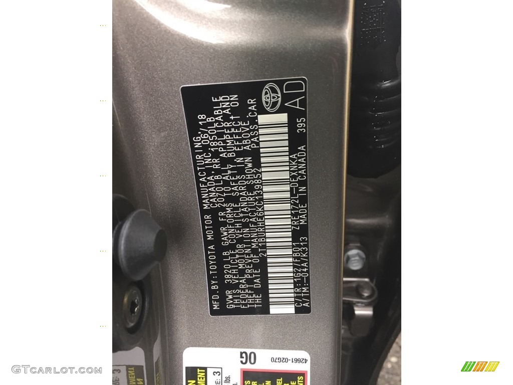 2019 Corolla Color Code 1G2 for Falcon Gray metallic Photo #128311585