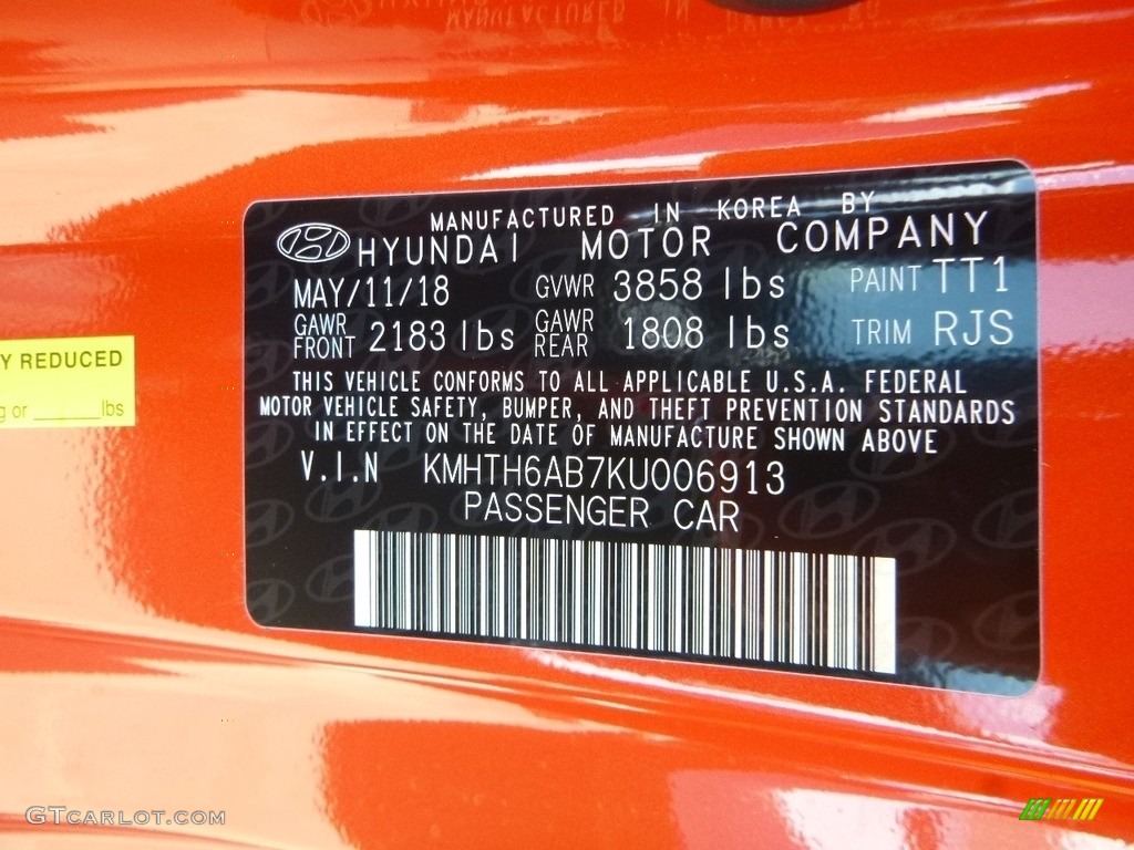 2019 Veloster Color Code TT1 for Sunset Orange Photo #128333385