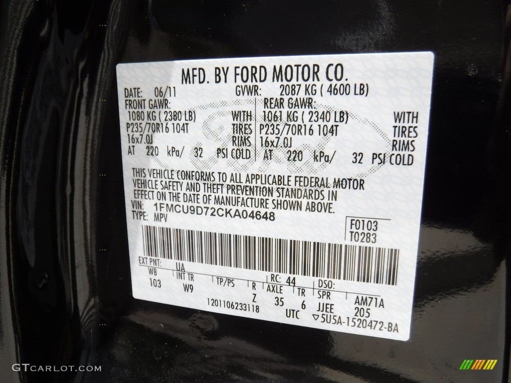 2012 Escape XLT 4WD - Ebony Black / Charcoal Black photo #21