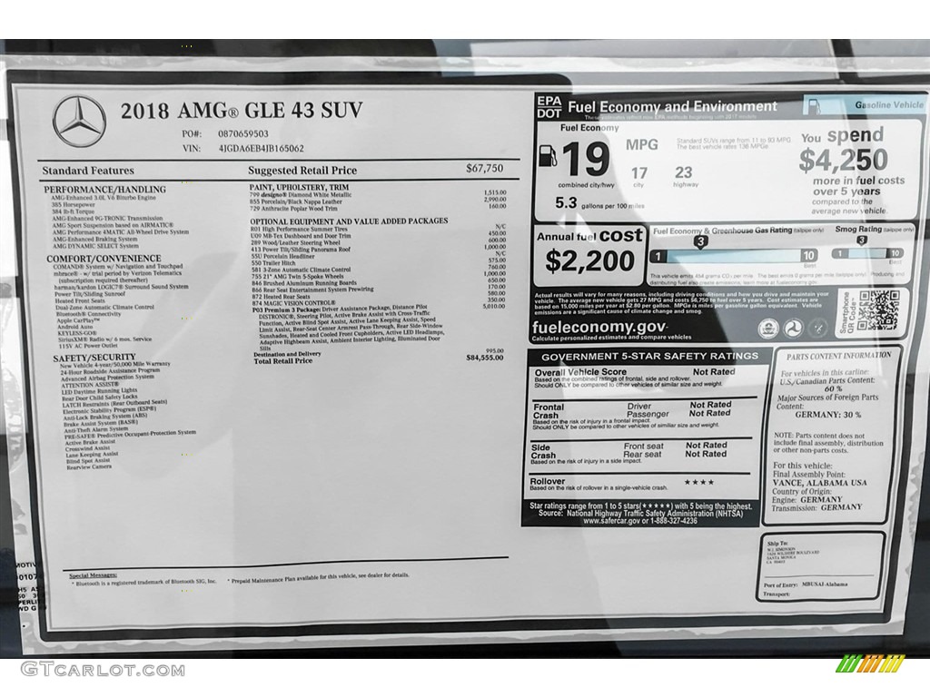 2018 Mercedes-Benz GLE 43 AMG 4Matic Window Sticker Photo #128364475