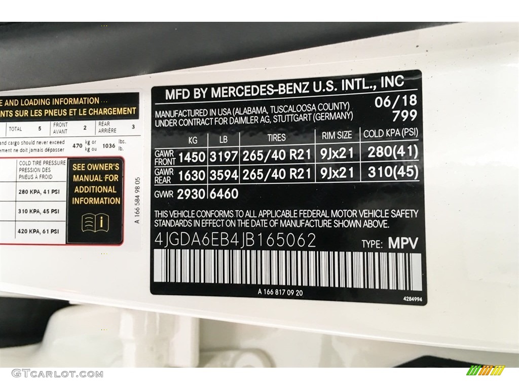 2018 GLE Color Code 799 for designo Diamond White Metallic Photo #128364499