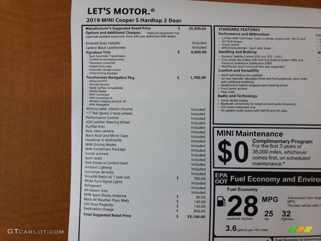 2019 Mini Hardtop Cooper S 2 Door Window Sticker Photos