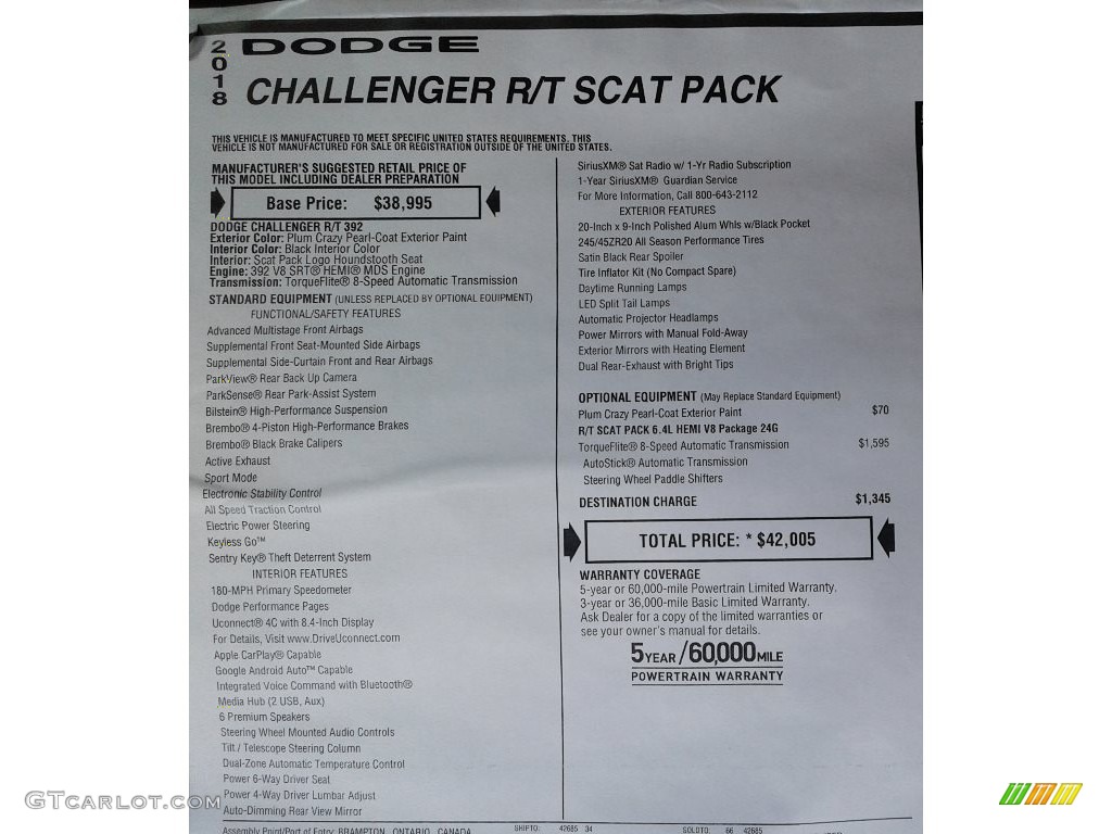 2018 Challenger R/T Scat Pack - Plum Crazy Pearl / Black photo #33