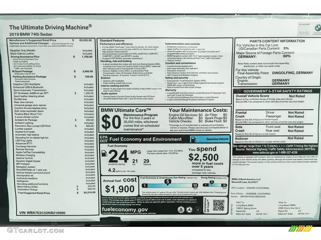 2019 BMW 7 Series 740i Sedan Window Sticker Photo #128526245