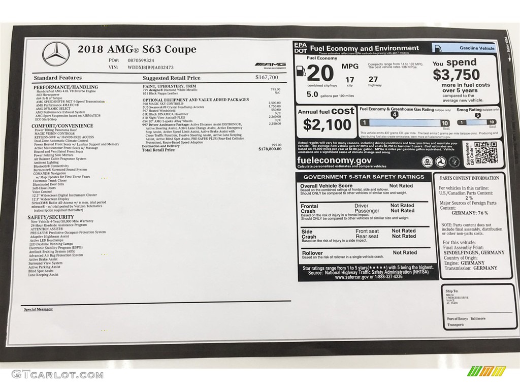 2018 Mercedes-Benz S AMG S63 Coupe Window Sticker Photo #128531279