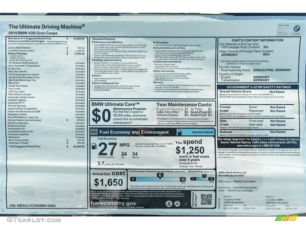2019 BMW 4 Series 430i Gran Coupe Window Sticker Photo #128543929