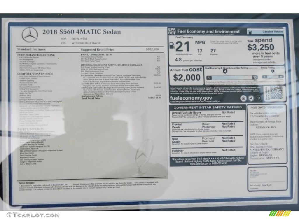 2018 Mercedes-Benz S 560 4Matic Sedan Window Sticker Photos