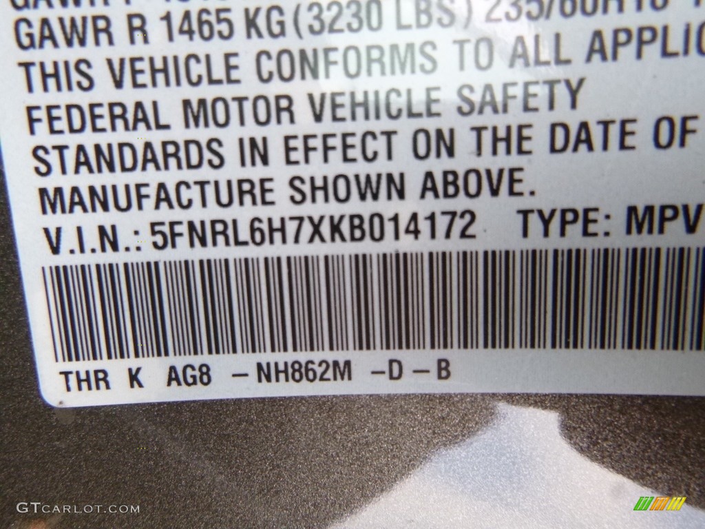 2019 Odyssey Color Code NH862M for Pacific Pewter Metallic Photo #128604876